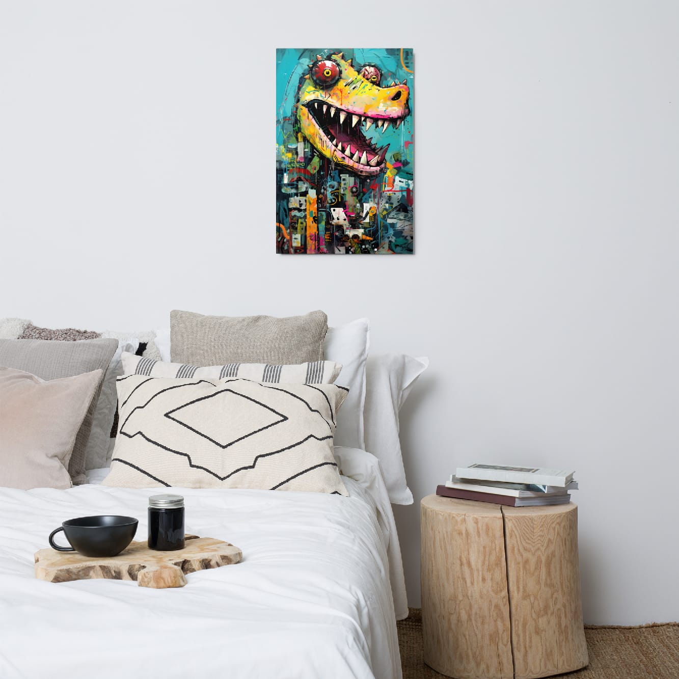 "Grinning Predator" glossy metal poster 20"x30" above bed in a modern bedroom, edgy graffiti crocodile wall decor with turquoise backdrop, bright yellow/pink paint strokes, bold teeth details, and urban drip effects, by GiveMeMood