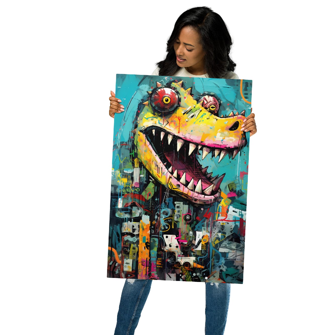 "Grinning Predator" glossy metal poster 20"x30" held by model, oversized graffiti crocodile metal wall art with teal background, neon paint splatter, wide-open mouth with sharp teeth, and street-collage textures, by GiveMeMood