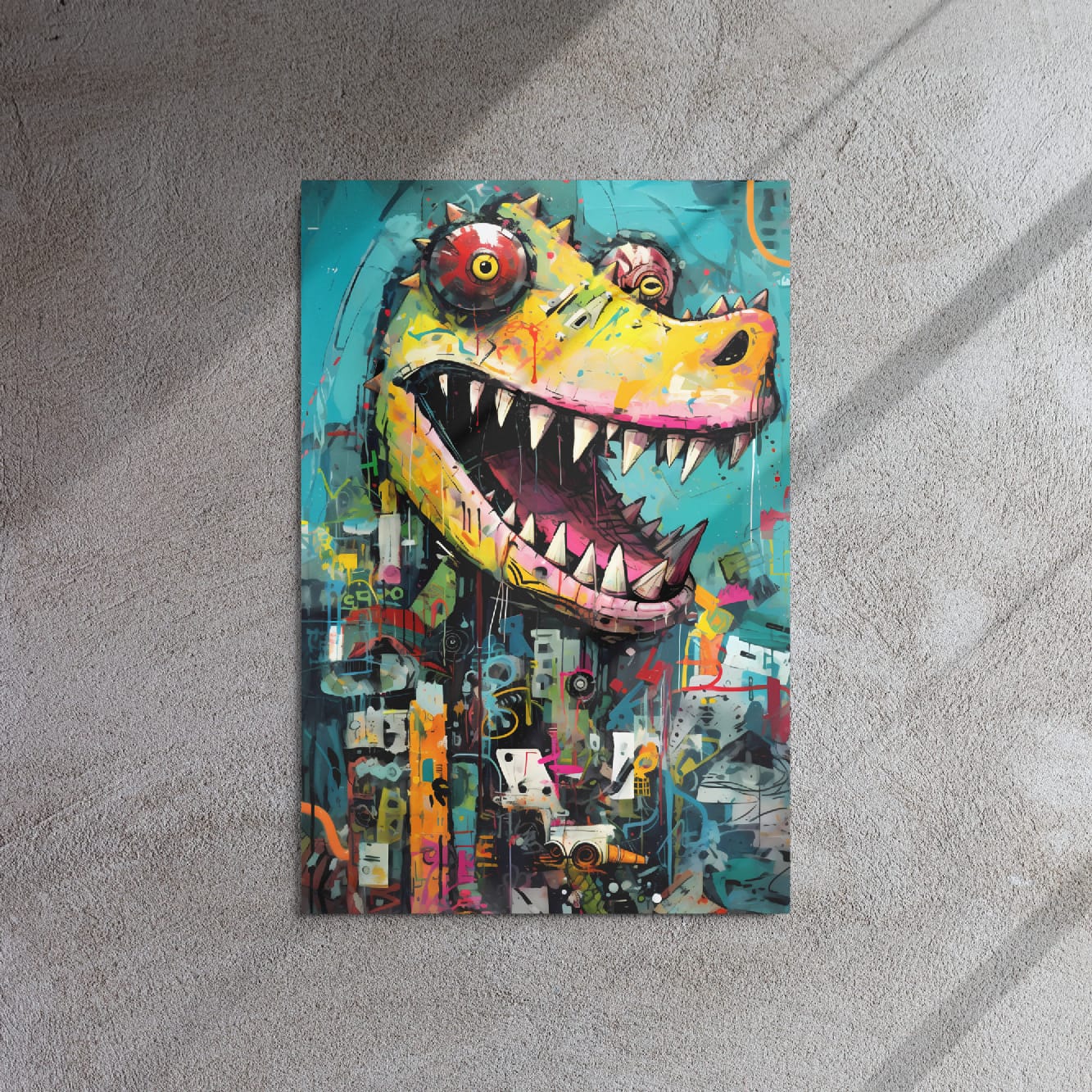 "Grinning Predator" glossy metal poster 20"x30" on textured concrete wall with diagonal window-light shadows, vibrant graffiti crocodile with yellow/pink highlights, oversized grin and sharp teeth, teal tones, and dripping street-art texture, by GiveMeMood