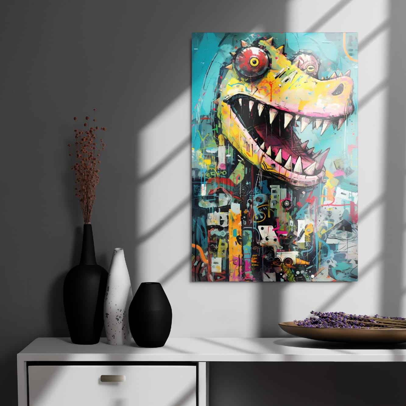 "Grinning Predator" glossy metal poster 20"x30" on modern gray wall above console decor with window-light shadows, contemporary crocodile graffiti portrait featuring teal background, neon splatter accents, and dramatic toothy grin, by GiveMeMood