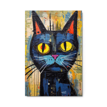 "Saffron Eyes" glossy metal poster 24"x36" product photo on white background, modern graffiti cat portrait with bright yellow eyes, long whiskers, and distressed paint-drip collage texture, by GiveMeMood