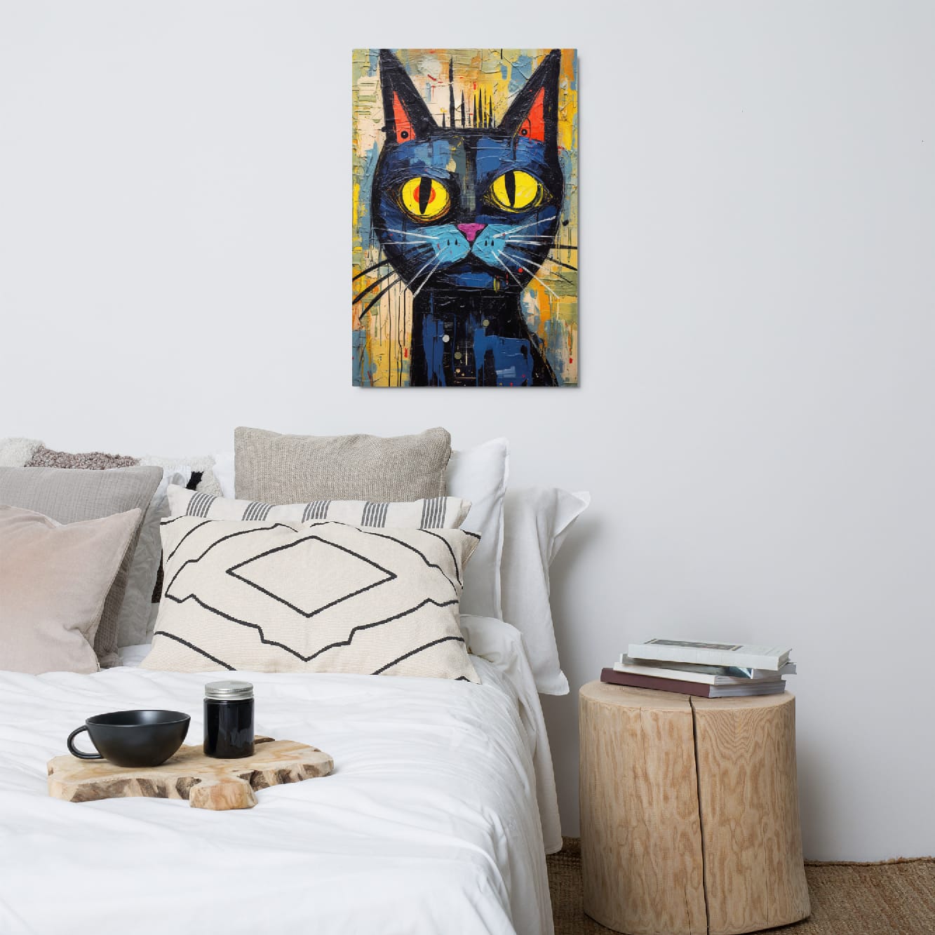 "Saffron Eyes" glossy metal poster 24"x36" above bed in a modern bedroom, vibrant graffiti cat wall art with bright yellow eyes, teal muzzle, and layered dripping paint textures, by GiveMeMood