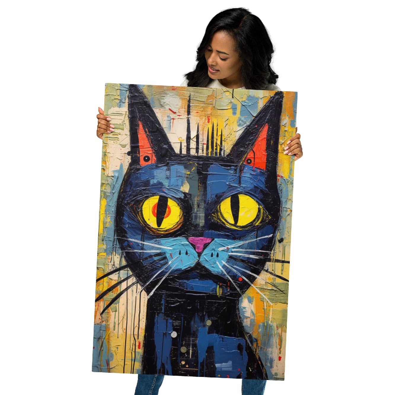 "Saffron Eyes" glossy metal poster 24"x36" held by model, oversized pop-art graffiti black cat print with bold yellow eyes, pink nose, and textured paint-splatter background, by GiveMeMood