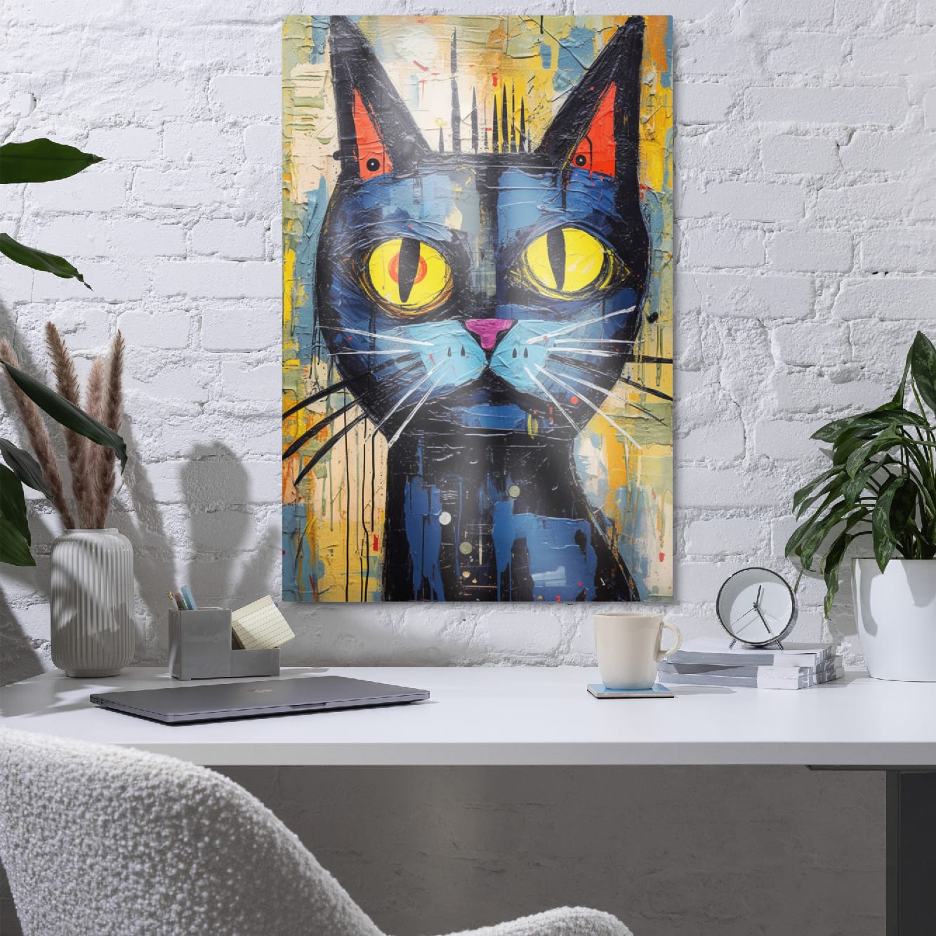 "Saffron Eyes" glossy metal poster 24"x36" in a home office above desk on white brick wall, contemporary graffiti cat wall decor with saffron-yellow eyes and colorful splashes and drips, by GiveMeMood