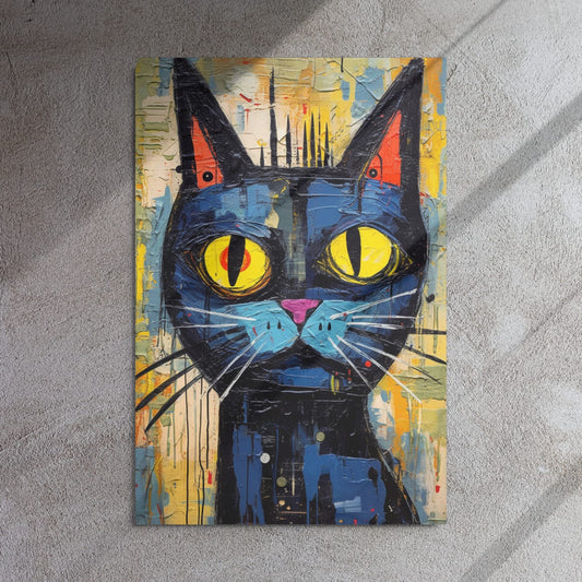 "Saffron Eyes" glossy metal poster 24"x36" on textured concrete wall with diagonal light shadows, street-art black cat artwork with bright yellow eyes, pink nose, and layered paint-drip background, by GiveMeMood