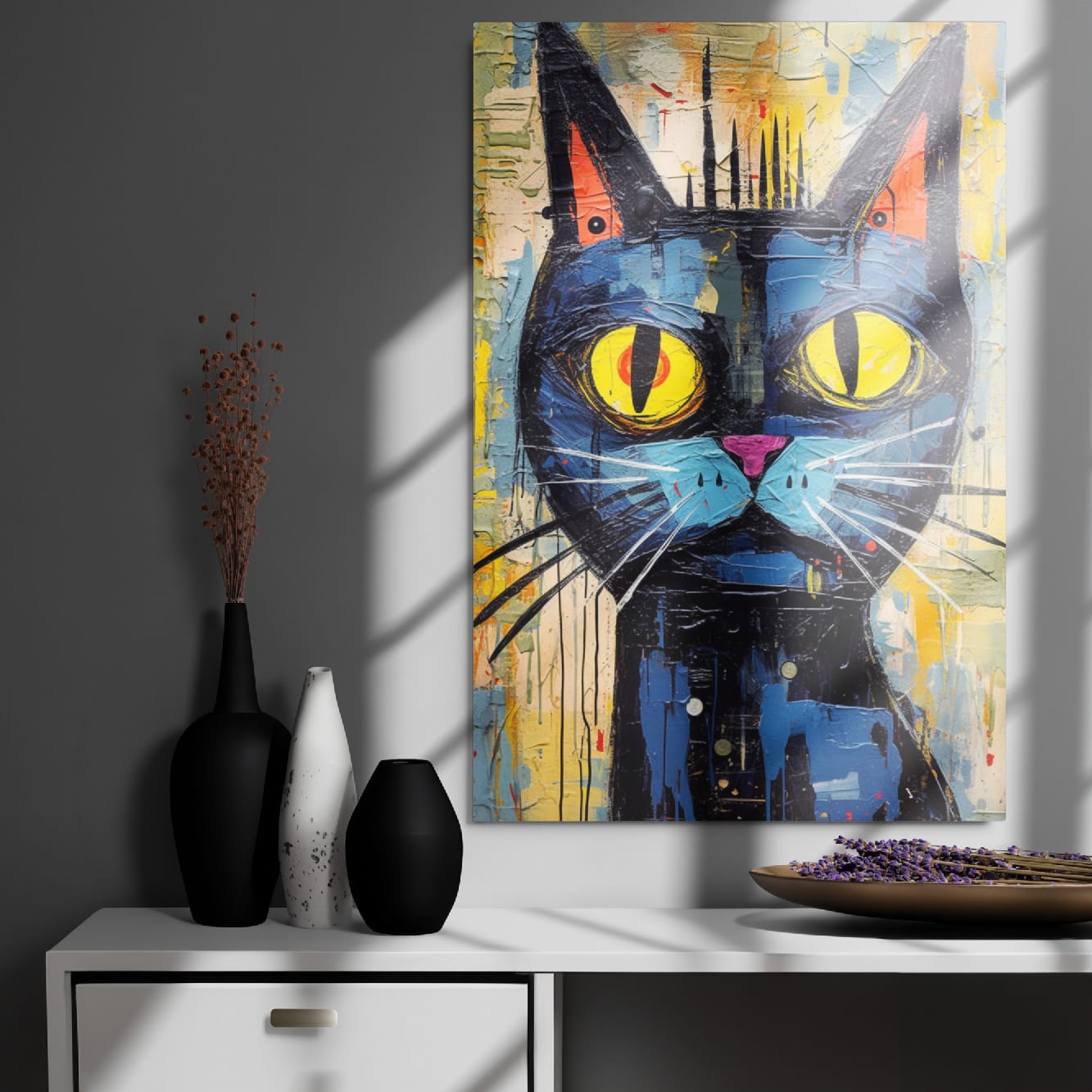 "Saffron Eyes" glossy metal poster 24"x36" on modern gray wall above console decor with window-light shadows, bold graffiti cat portrait with yellow eyes and mixed-media paint textures, by GiveMeMood