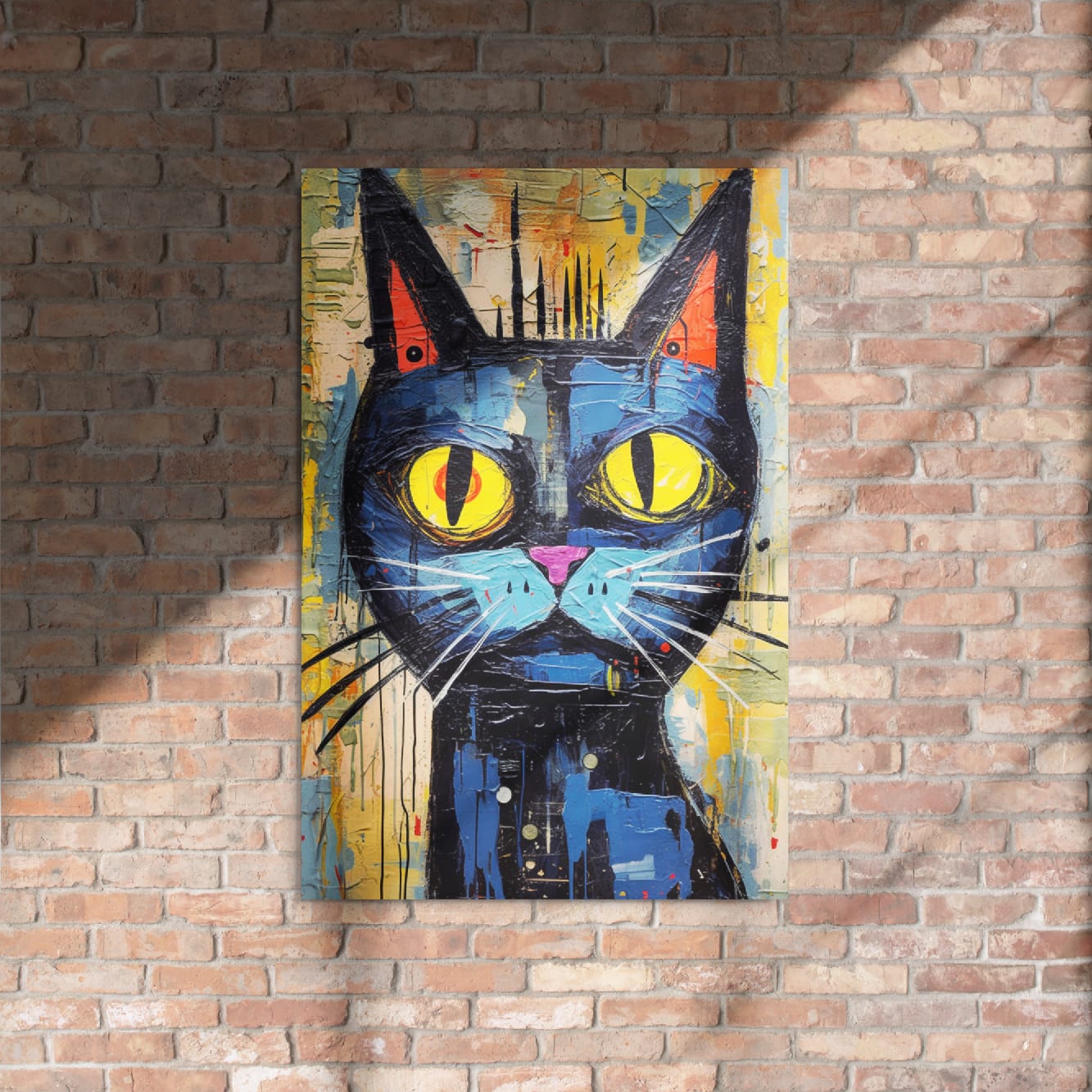 "Saffron Eyes" glossy metal poster 24"x36" on rustic brick wall with sun shadows, street-art black cat portrait with saffron-yellow eyes, pink nose, and colorful paint-drip graffiti background, by GiveMeMood