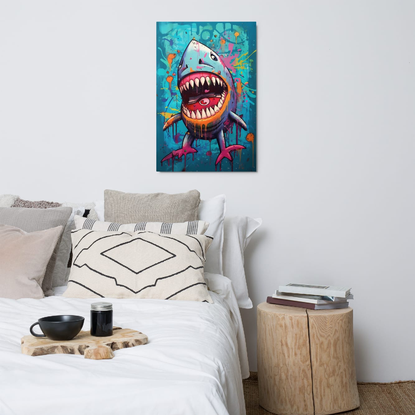 "Neon Bite" glossy metal poster 24"x36" above bed in a modern bedroom, vibrant street-art shark wall art with teal graffiti background, dripping paint details, and pink fins, by GiveMeMood