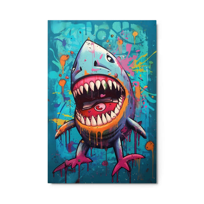 "Neon Bite" glossy metal poster 24"x36" product photo on white background, close-up pop-art graffiti shark with sharp teeth, teal street-art backdrop, neon splashes, and dripping paint textures, by GiveMeMood
