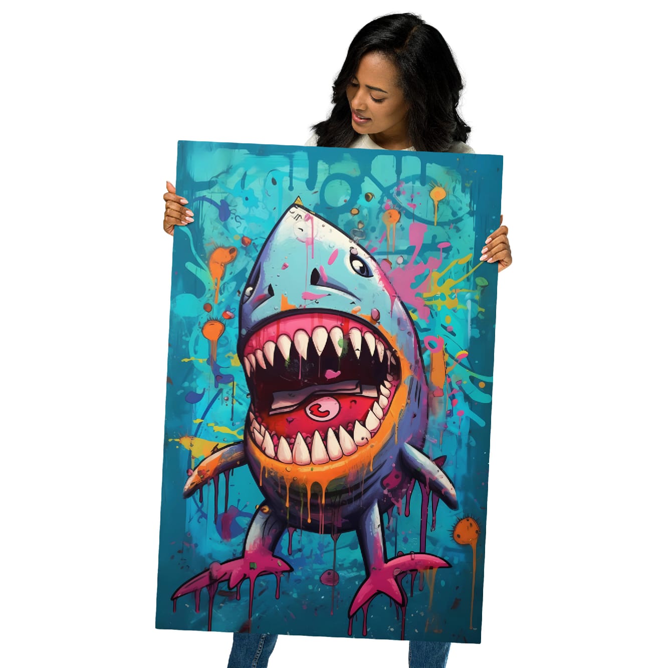 "Neon Bite" glossy metal poster 24"x36" held by model, oversized graffiti shark print with open mouth, bold black outlines, teal splatter background, and colorful paint drips, by GiveMeMood