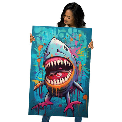 "Neon Bite" glossy metal poster 24"x36" held by model, oversized graffiti shark print with open mouth, bold black outlines, teal splatter background, and colorful paint drips, by GiveMeMood