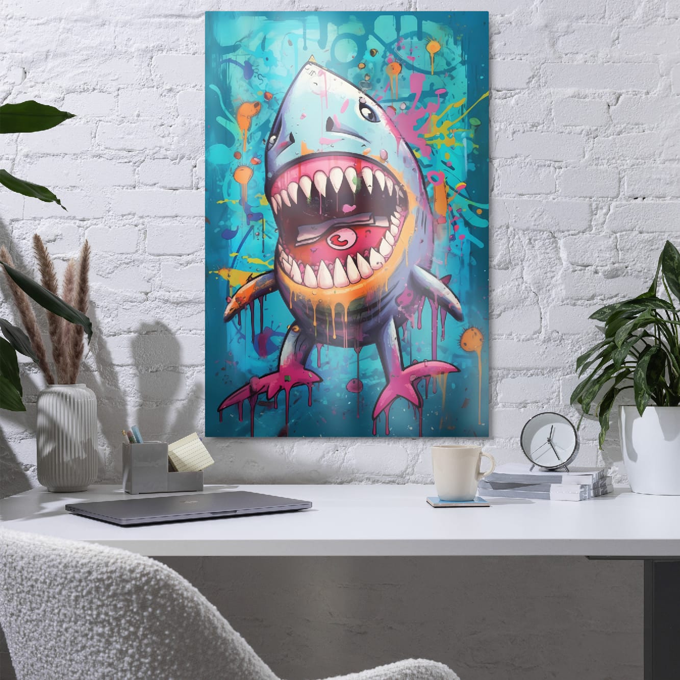 "Neon Bite" glossy metal poster 24"x36" in a home office above desk on white brick wall, modern pop-art shark metal wall decor with teal graffiti background and bright paint splatters, by GiveMeMood