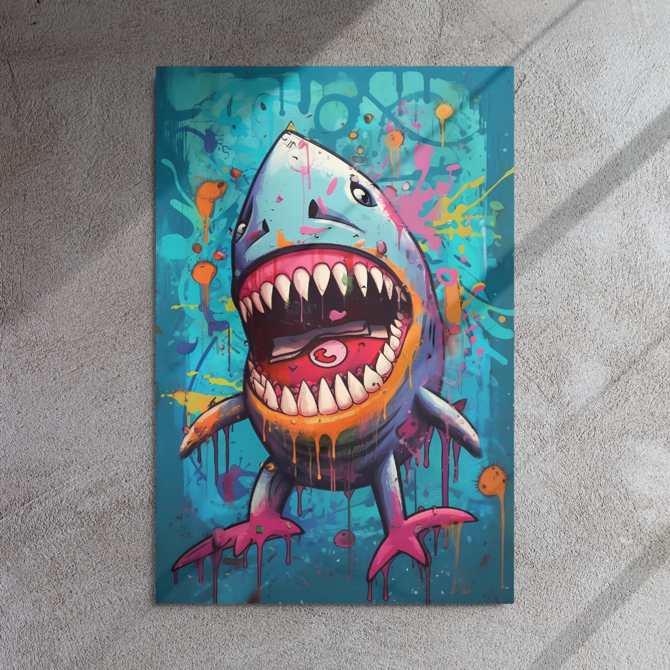 "Neon Bite" glossy metal poster 24"x36" on textured concrete wall with diagonal light shadows, street-art shark pop-art print with neon paint splashes, drips, and teal-blue graffiti background, by GiveMeMood