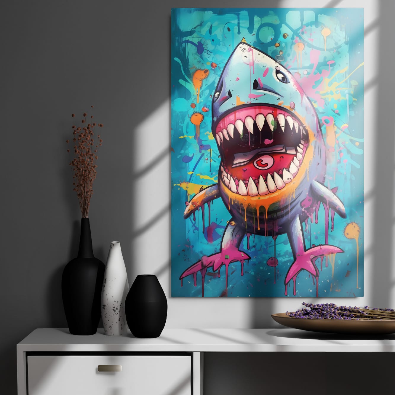 "Neon Bite" glossy metal poster 24"x36" on modern gray wall above console decor with window-light shadows, bold graffiti shark artwork with open jaws, teal background, and colorful paint-drip accents, by GiveMeMood