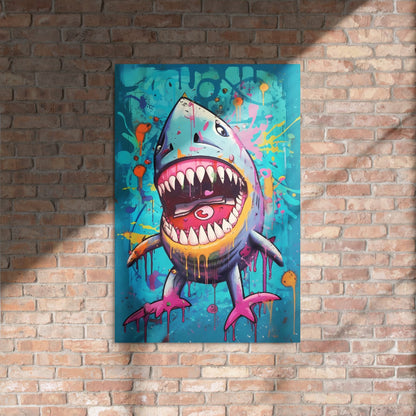 "Neon Bite" glossy metal poster 24"x36" on rustic brick wall with sun shadows, graffiti shark pop-art with wide open jaws, sharp white teeth, teal spray-paint background, and neon paint splatters, by GiveMeMood