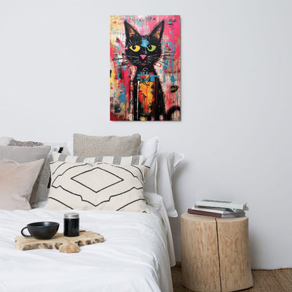 "Whisker Riot" glossy metal poster 24"x36" above bed in a modern bedroom, bold graffiti cat wall art with yellow-green eyes, blue paint streak, and colorful dripping paint textures, by GiveMeMood