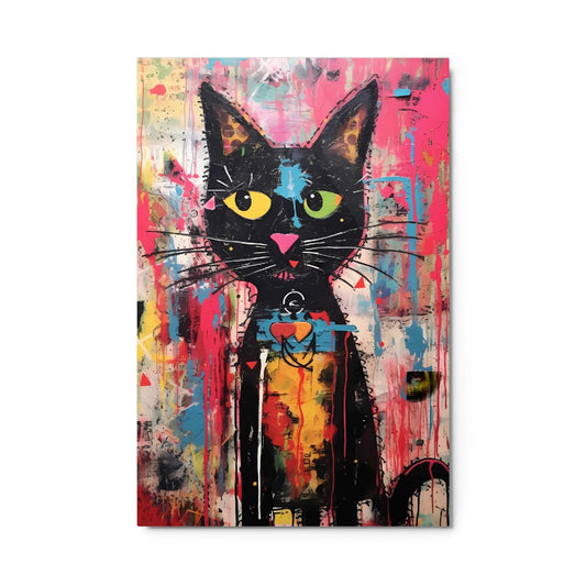 "Whisker Riot" glossy metal poster 24"x36" product photo on white background, street-art black cat portrait with yellow/green eyes, long white whiskers, and vivid paint-splatter collage, by GiveMeMood