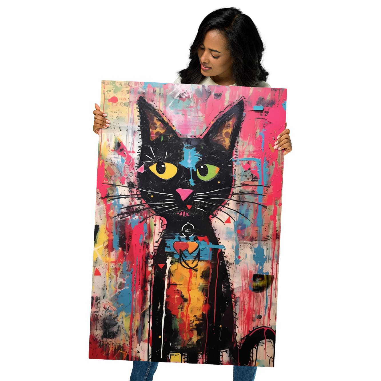 "Whisker Riot" glossy metal poster 24"x36" held by model, oversized graffiti cat metal print with yellow-green eyes, pink nose, and mixed-media paint-drip background, by GiveMeMood