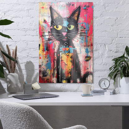 "Whisker Riot" glossy metal poster 24"x36" in a home office above desk on white brick wall, modern graffiti cat art with yellow/green eyes, colorful splashes, and dripping paint layers, by GiveMeMood