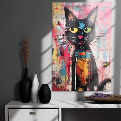 "Whisker Riot" glossy metal poster 24"x36" on modern gray wall above console decor with window-light shadows, vibrant street-art cat print with yellow-green eyes and paint-drip collage background, by GiveMeMood