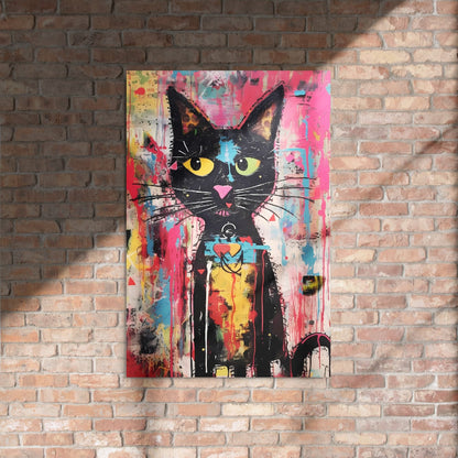 "Whisker Riot" glossy metal poster 24"x36" on rustic brick wall with sun shadows, street-art black cat with yellow/green eyes, pink nose, and vibrant paint-drip graffiti background, by GiveMeMood