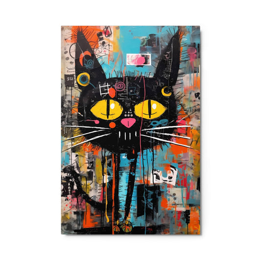 "Yellow-Eyed Stray" glossy metal poster 24"x36" product photo on white background, graffiti black cat artwork with bold yellow eyes, pink nose, white whiskers, and vibrant teal/orange paint splashes, by GiveMeMood