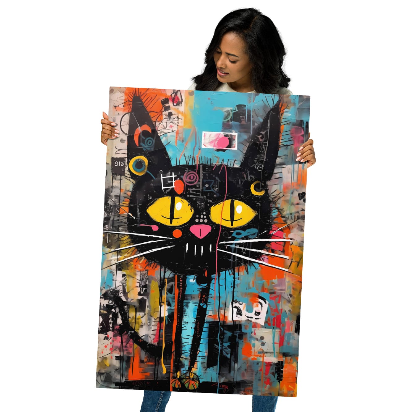"Yellow-Eyed Stray" glossy metal poster 24"x36" held by model, oversized street-art cat print with striking yellow eyes, bold black outlines, paint drips, and mixed-media graffiti background, by GiveMeMood
