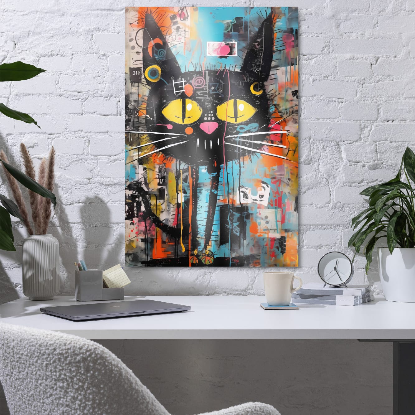 "Yellow-Eyed Stray" glossy metal poster 24"x36" in a home office above desk on white brick wall, edgy graffiti cat artwork with yellow eyes, paint splatters, and urban collage layers, by GiveMeMood