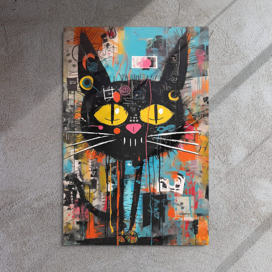 "Yellow-Eyed Stray" glossy metal poster 24"x36" on textured concrete wall with diagonal light shadows, urban graffiti black cat character with yellow eyes, white whiskers, and dripping paint collage textures, by GiveMeMood
