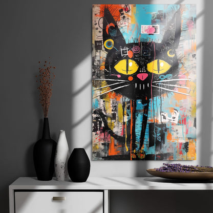 "Yellow-Eyed Stray" glossy metal poster 24"x36" on modern gray wall above console decor with window-light shadows, vibrant graffiti cat with bright yellow eyes and paint-drip collage background, by GiveMeMood
