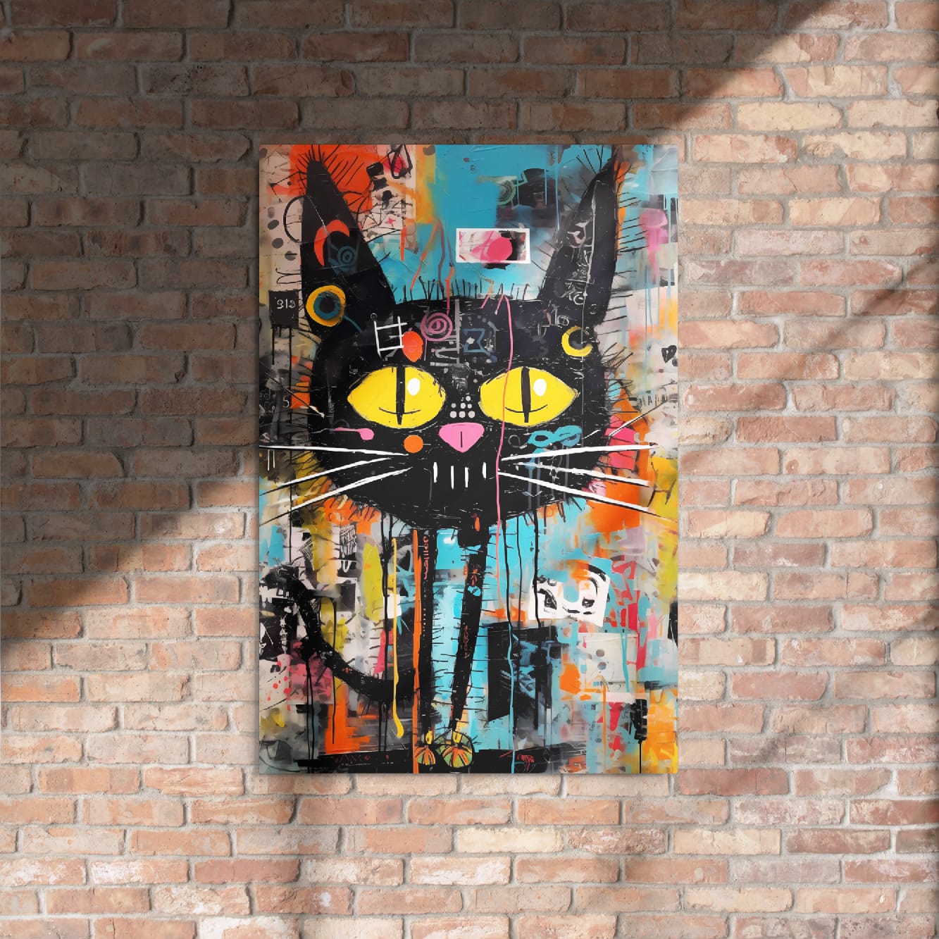"Yellow-Eyed Stray" glossy metal poster 24"x36" on rustic brick wall with sun shadows, street-art black cat with bright yellow eyes, white whiskers, and paint-drip collage background, by GiveMeMood