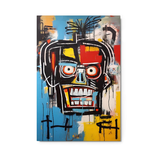 "Voltage Grin" glossy metal poster 24"x36" product photo on white background, abstract street-art face print with big round eyes, toothy grin, paint drips, and bold blue/yellow/red accents, by GiveMeMood