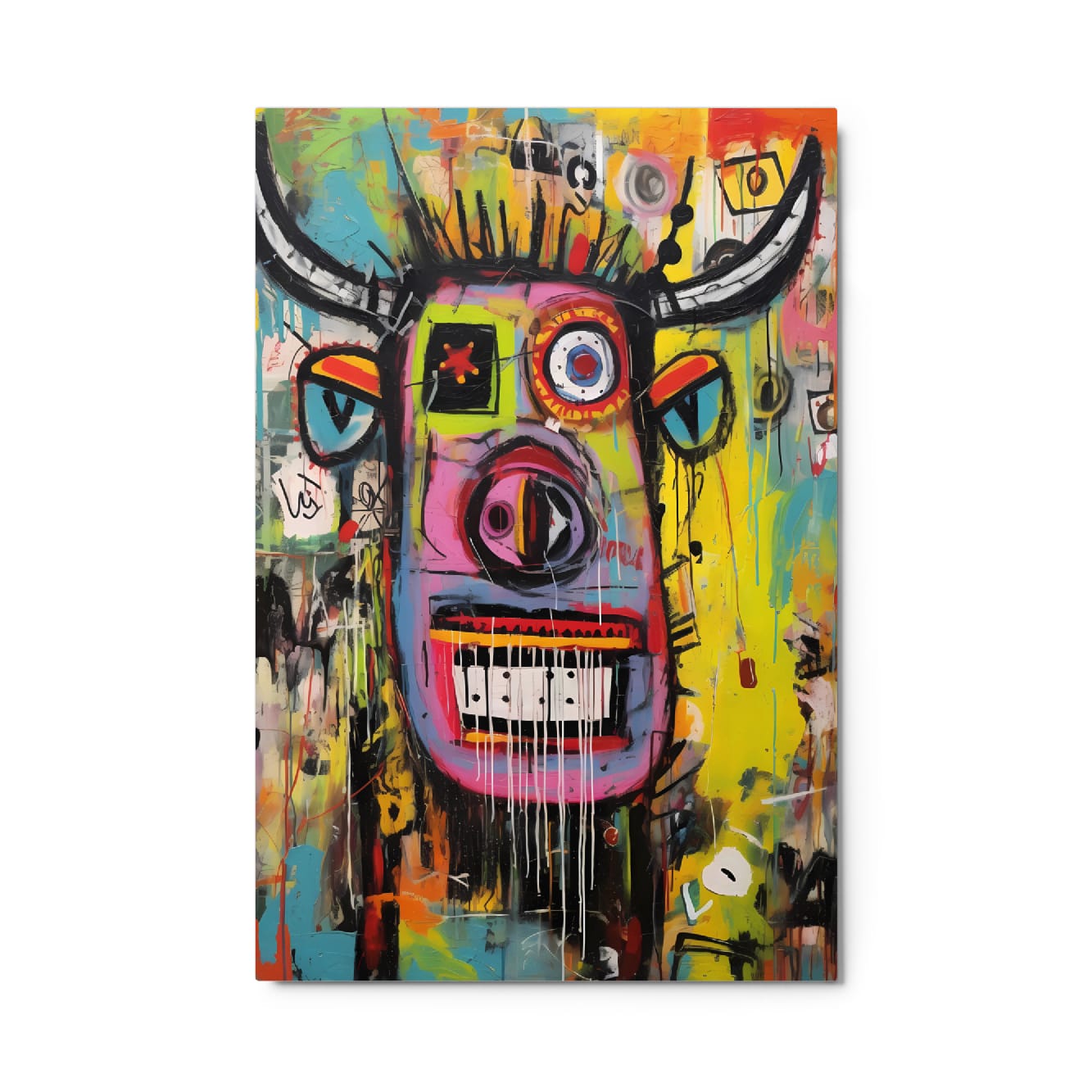 "Horned Head" neo-expressionist bull artwork featuring pink face with dripping white teeth, mismatched colorful eyes and curved horns on vibrant yellow and teal abstract graffiti background, glossy metal print 24″×36″ by GiveMeMood