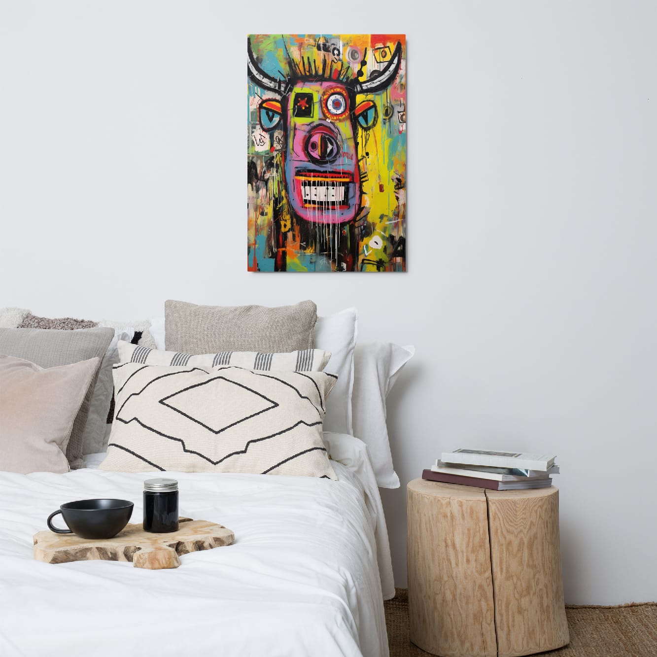 "Horned Head" expressive longhorn wall art 24″×36″ displayed above comfortable bed with neutral pillows and cozy white bedding in modern minimalist bedroom interior by GiveMeMood