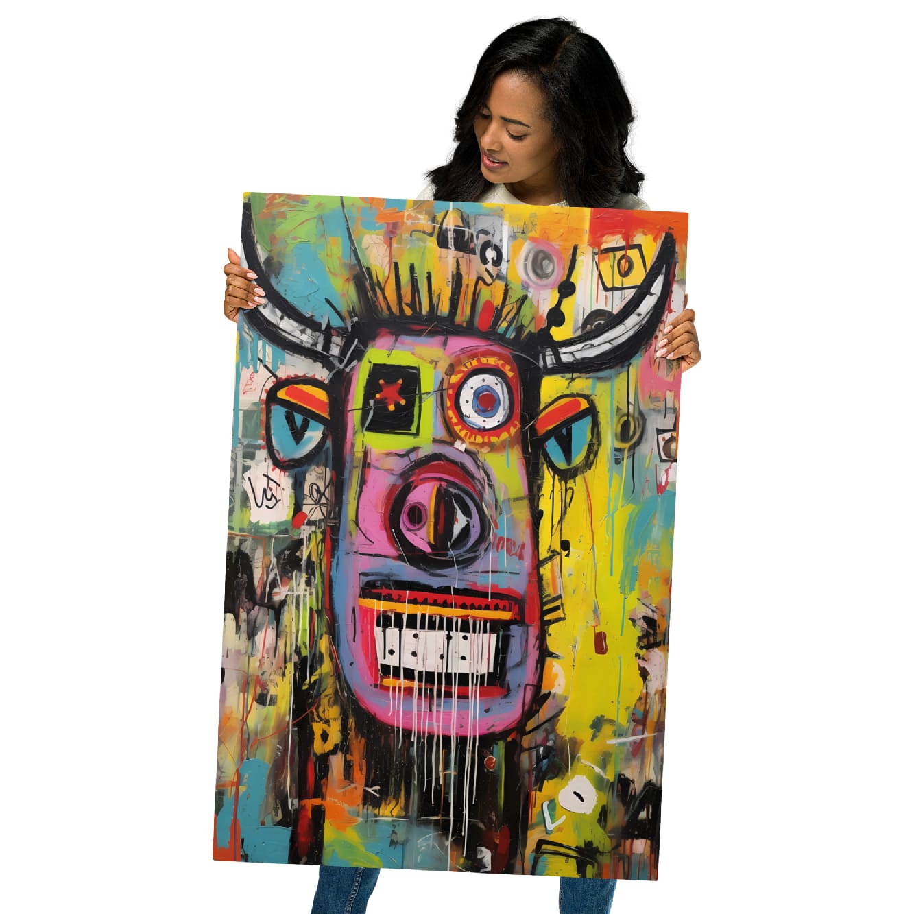 Woman holding large 24″×36″ "Horned Head" glossy metal print showcasing colorful neo-expressionist bull with expressive grinning face and urban street art aesthetic by GiveMeMood