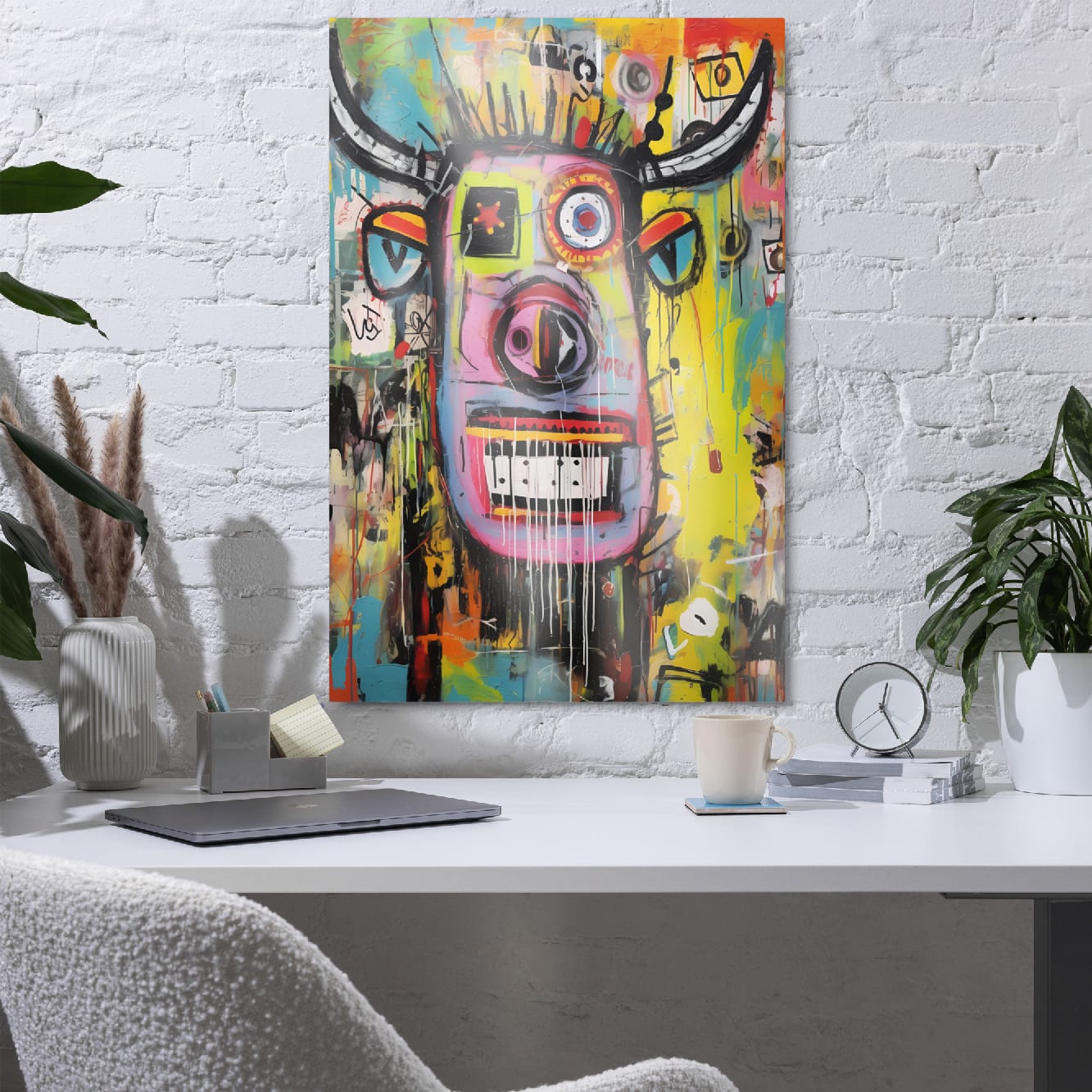 "Horned Head" vibrant graffiti bull glossy metal poster 24″×36″ mounted on white brick wall above stylish home office desk with laptop, plants and clock by GiveMeMood