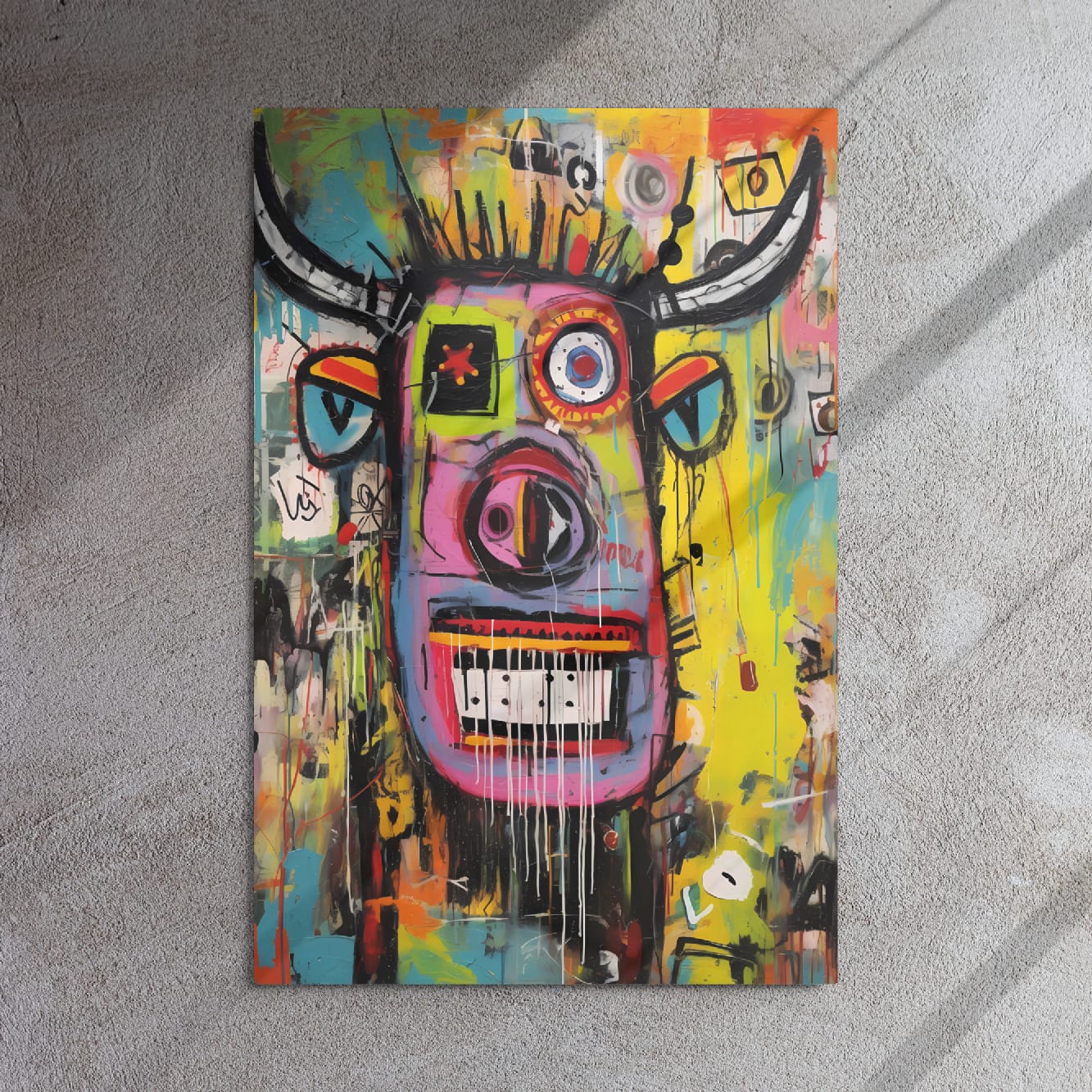 "Horned Head" abstract expressionist longhorn art print 24″×36″ leaning on gray concrete floor with dramatic natural sunlight creating artistic shadows and highlights by GiveMeMood