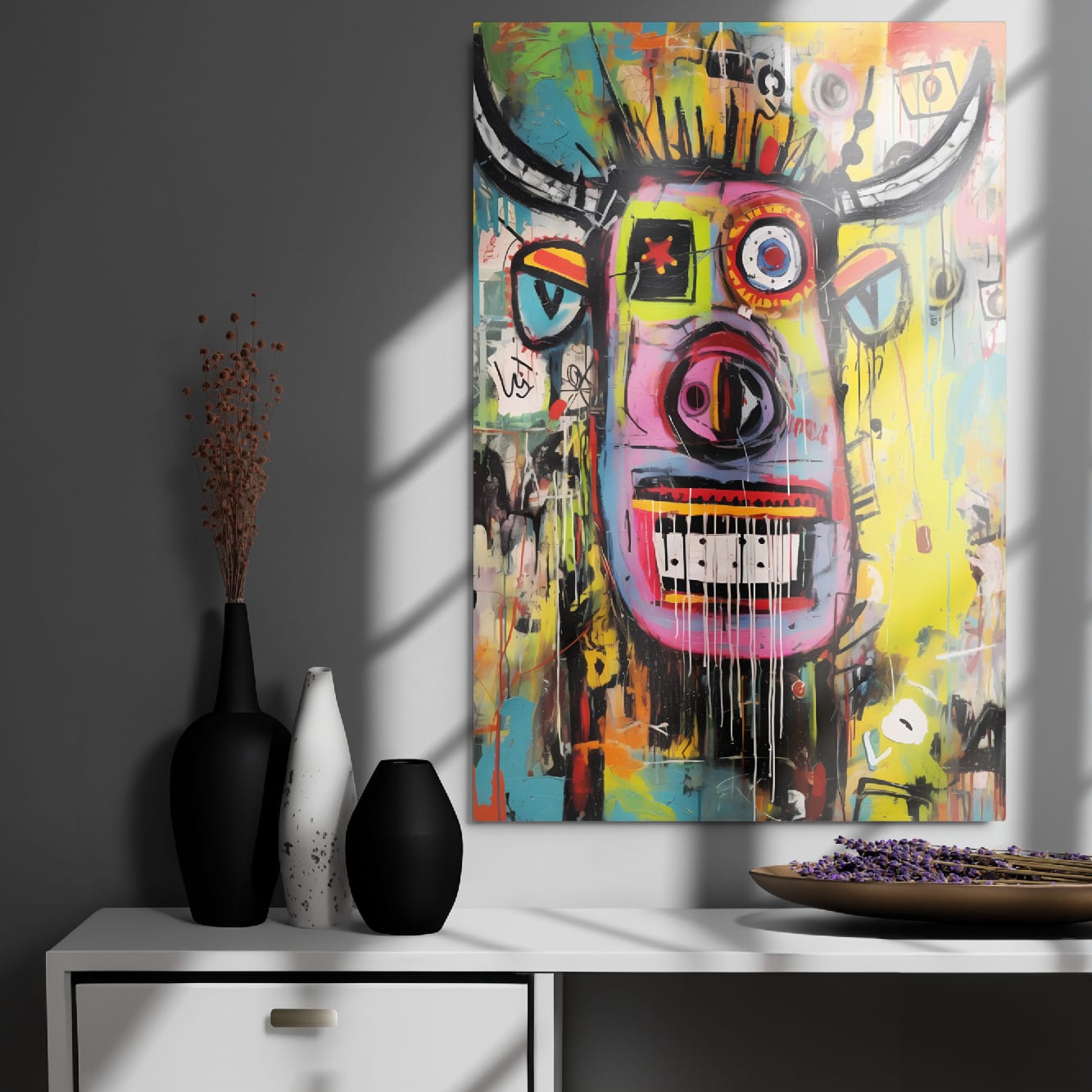 "Horned Head" colorful graffiti bull metal wall art 24″×36″ in elegant contemporary living room with gray walls, decorative black and white vases and dried lavender by GiveMeMood