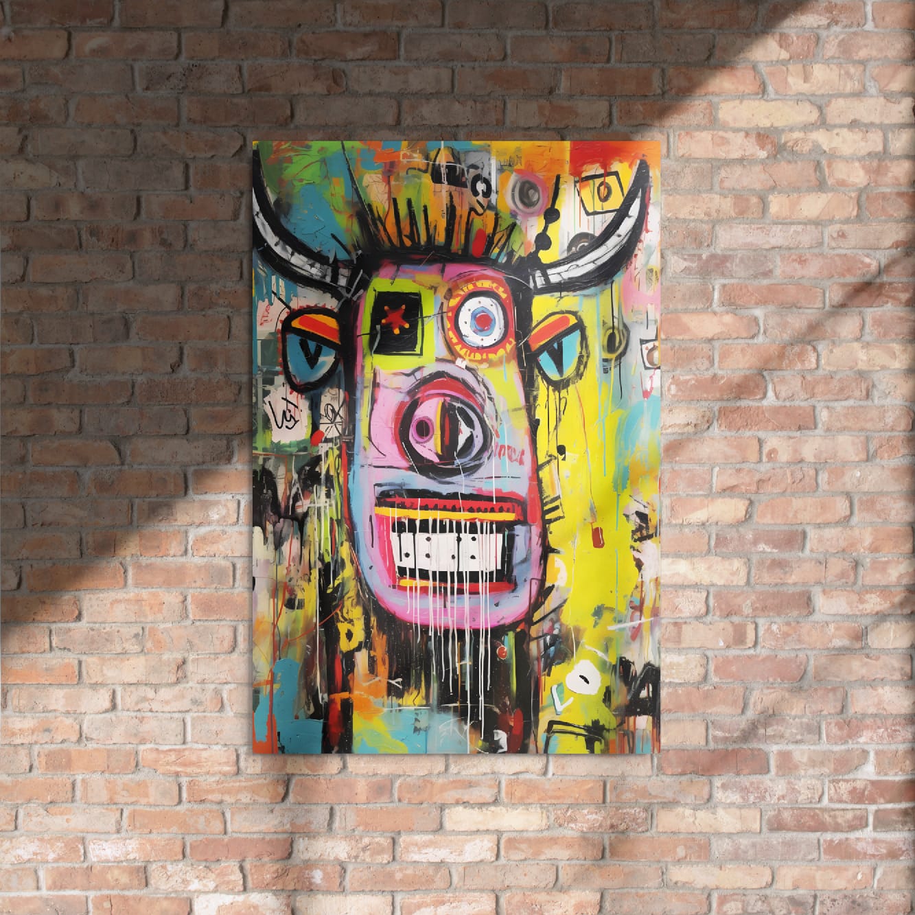 "Horned Head" urban street art bull 24″×36″ glossy metal poster on exposed rustic brick wall with warm natural lighting and dramatic window shadows by GiveMeMood