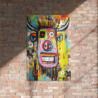 "Horned Head" urban street art bull 24″×36″ glossy metal poster on exposed rustic brick wall with warm natural lighting and dramatic window shadows by GiveMeMood