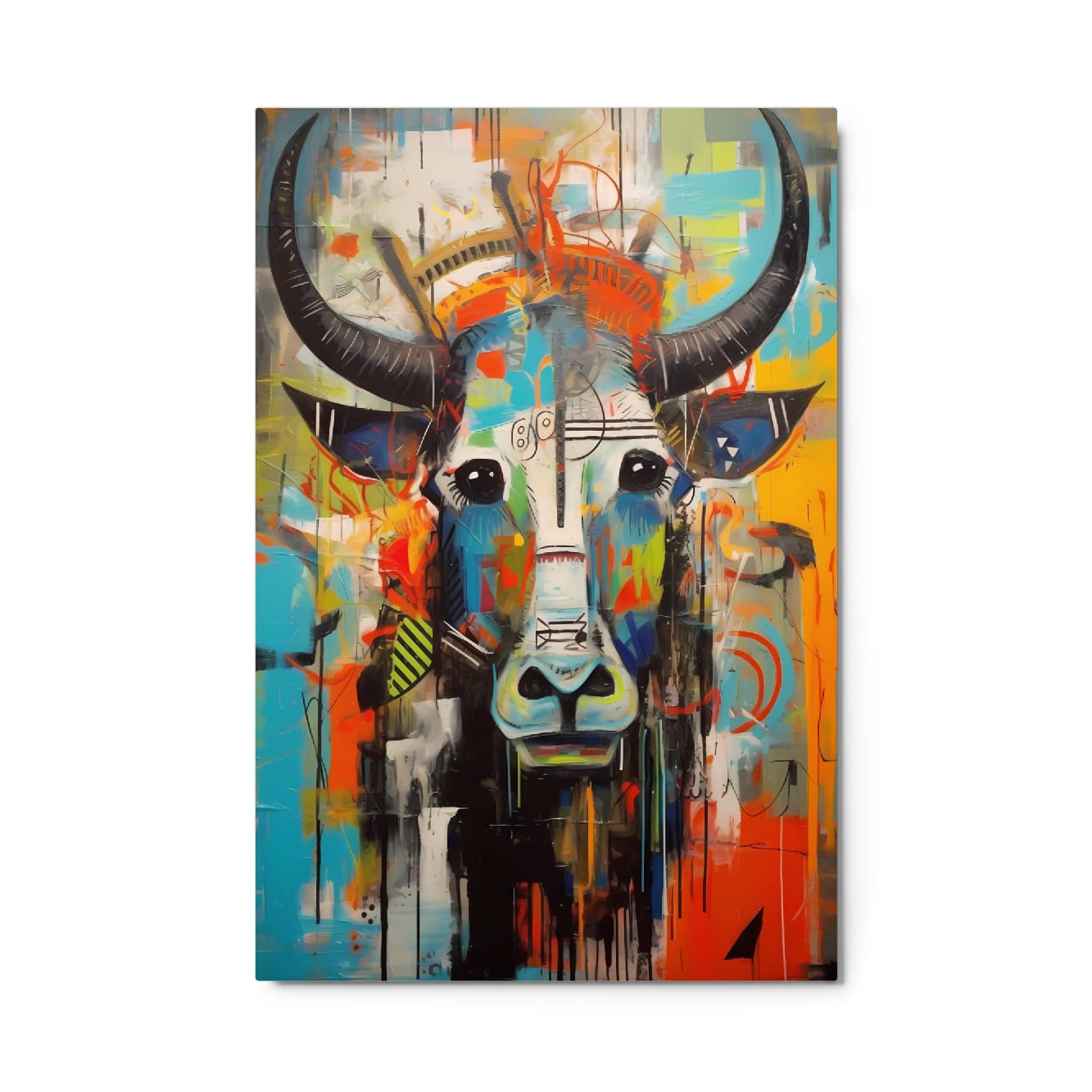 "Mural Bull" neo-expressionist longhorn portrait with vibrant teal orange and yellow abstract background glossy metal print