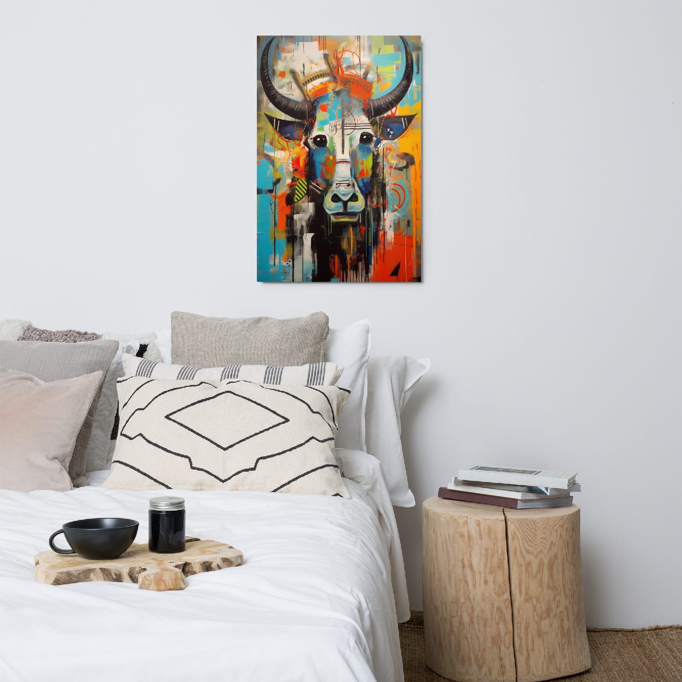"Mural Bull" graffiti style bull wall art 24″×36″ displayed above cozy bedroom bed