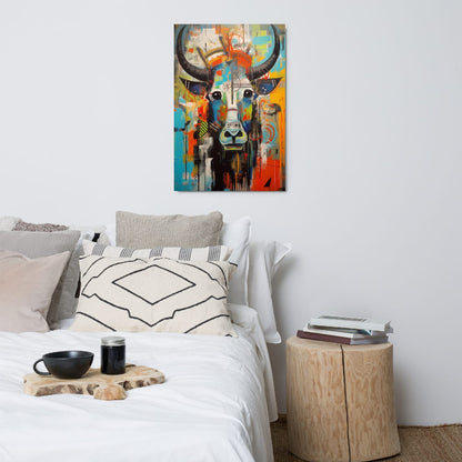 "Mural Bull" graffiti style bull wall art 24″×36″ displayed above cozy bedroom bed