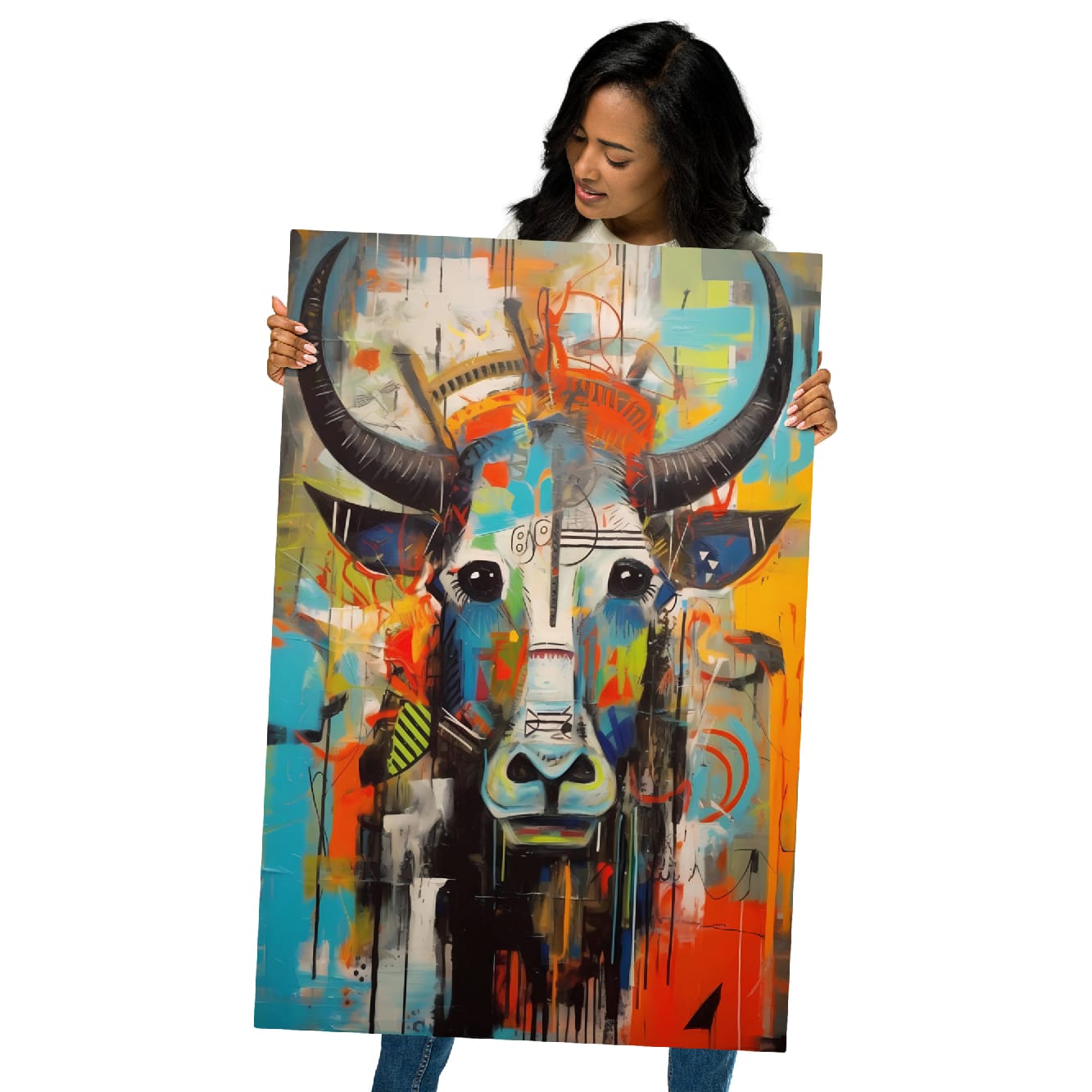 Woman holding large 24″×36″ "Mural Bull" glossy metal poster with colorful street art design