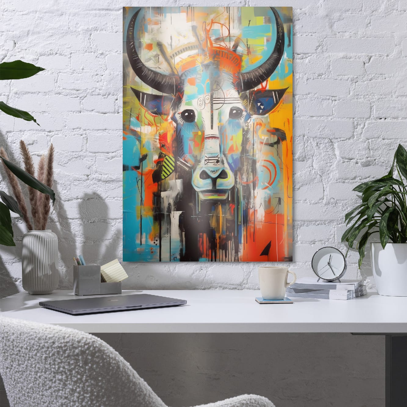 "Mural Bull" abstract longhorn metal art on white brick wall in modern home office