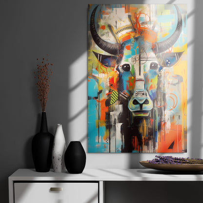 "Mural Bull" colorful graffiti longhorn wall art in elegant living room with gray walls