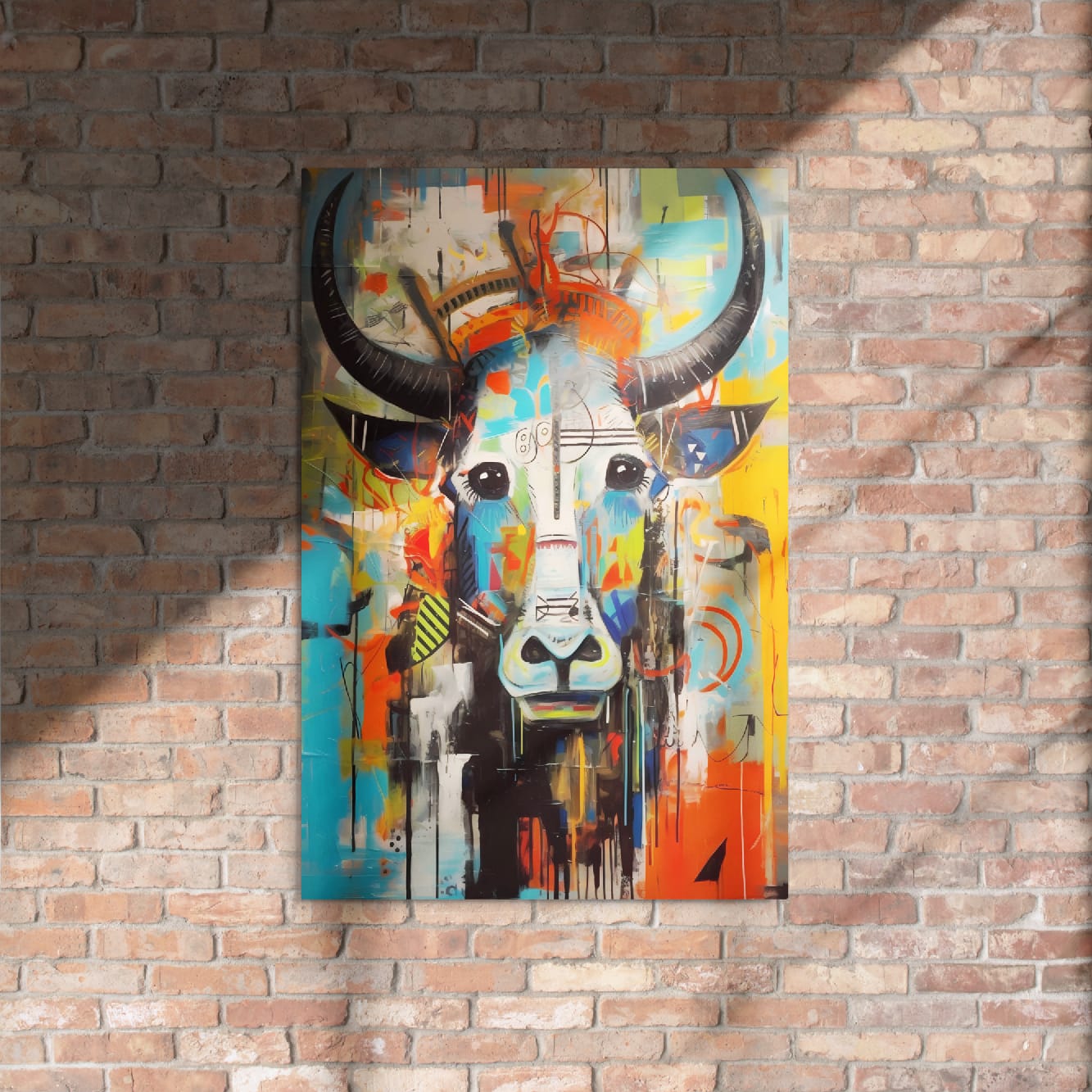"Mural Bull" urban art bull 24″×36″ metal poster on exposed brick wall with shadows