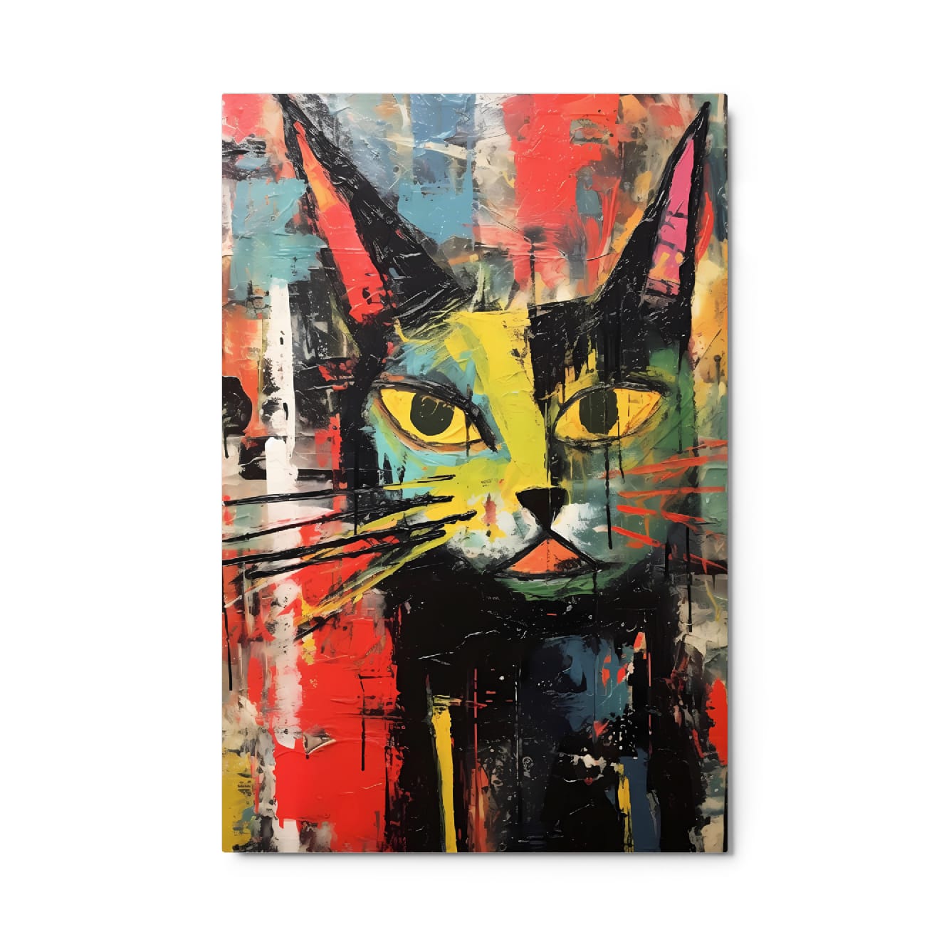 Abstract expressionist cat portrait metal print with bold red yellow and blue brushstrokes