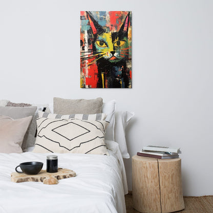 Colorful abstract cat wall art displayed above bed in modern bedroom interior