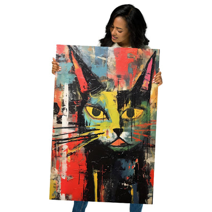 Woman holding large glossy metal print featuring vibrant abstract cat painting